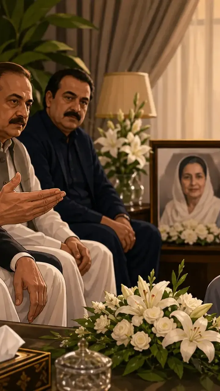 Animated editorial illustration for: PML-N delegation led by Ishaq Dar visits Barrister Gohar for condolences