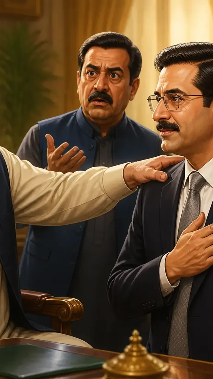 Animated editorial illustration for: Rana Sanaullah Defends Nawaz Sharif’s Choice for AJK Premier