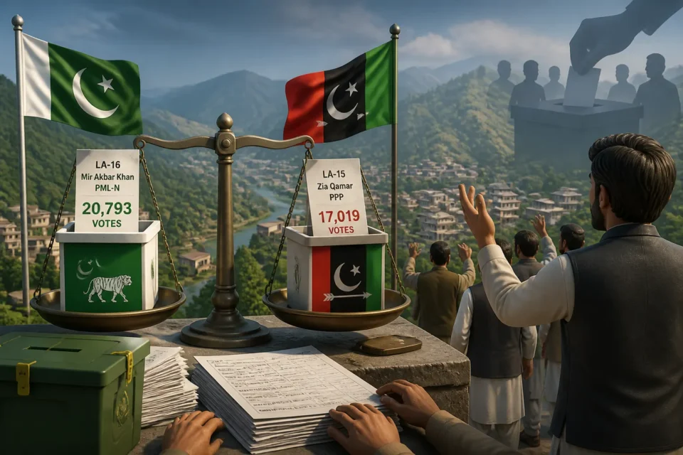 Animated editorial illustration for: Nawaz Sharif responds to PPP’s rigging allegations in AJK by-elections