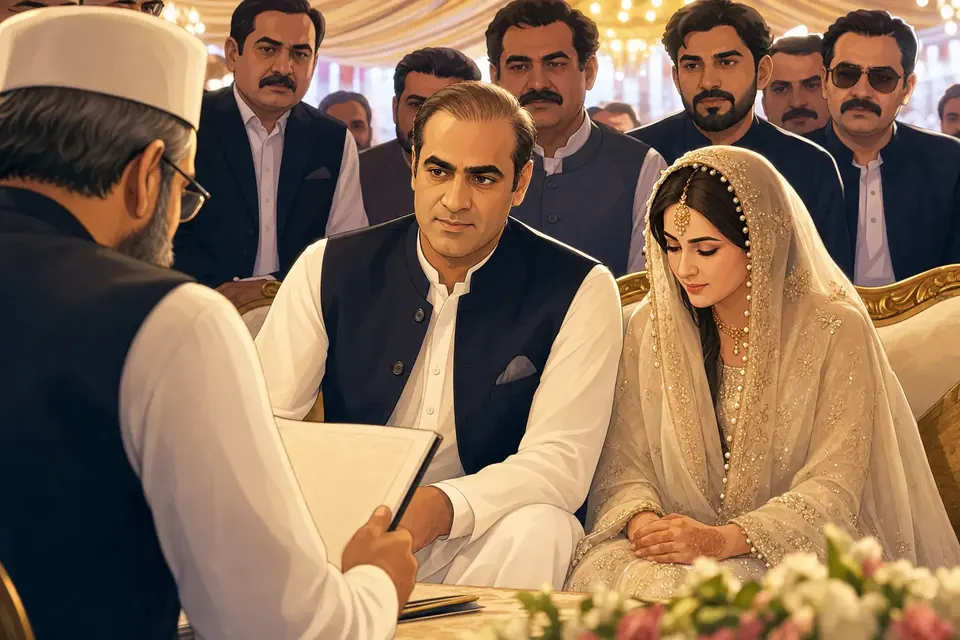 Animated editorial illustration for: New details emerge on Senator Abid Sher Ali’s second marriage