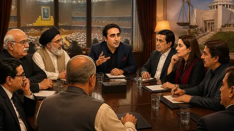 Animated editorial illustration for: Bilawal rules out support for government legislation amid AJK election dispute