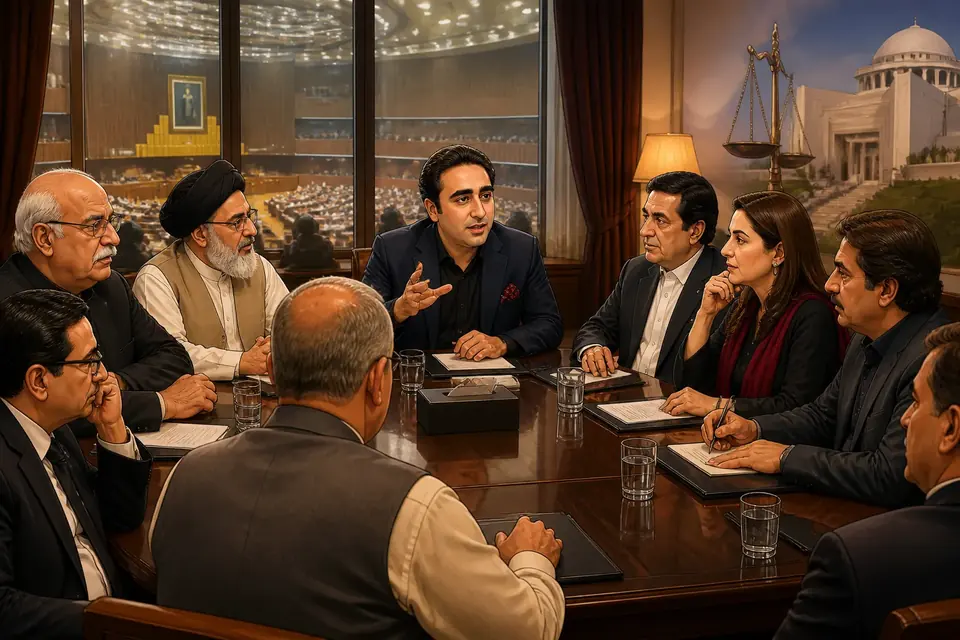 Animated editorial illustration for: Bilawal rules out support for government legislation amid AJK election dispute