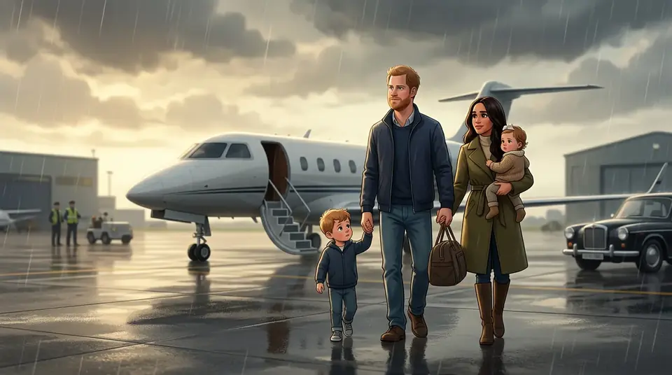 Animated editorial illustration for: Prince Harry and Meghan Markle return to UK after six years in US