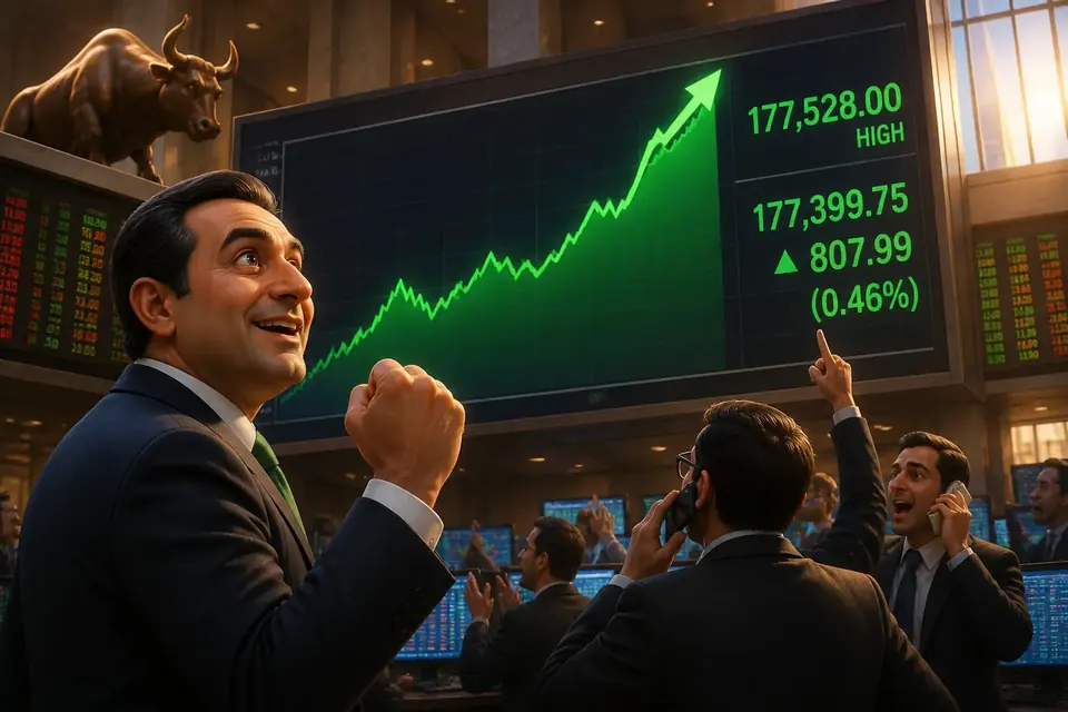 Animated editorial illustration for: PSX KSE-100 Index closes up 574 points to finish week at 177,166