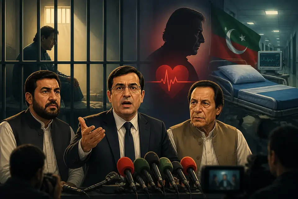 Animated editorial illustration for: PTI Demands Hospital Transfer for Imran Khan Amid Health Concerns