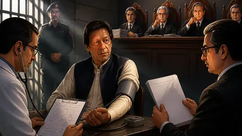 Animated editorial illustration for: PTI rejects jail report as medical board details Imran Khan’s health