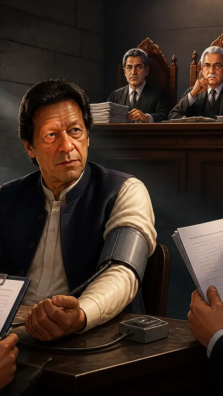 Animated editorial illustration for: PTI rejects jail report as medical board details Imran Khan’s health