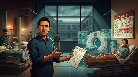 Animated editorial illustration for: PTI’s Ali Muhammad Khan questions delay in Imran Khan’s angiography