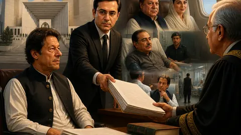 Animated editorial illustration for: PTI Submits Details of Sharif, Zardari Treatment in Khan’s Hospital Transfer Case