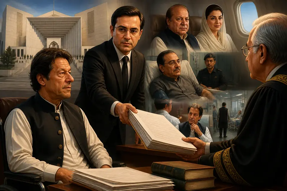 Animated editorial illustration for: PTI Submits Details of Sharif, Zardari Treatment in Khan’s Hospital Transfer Case
