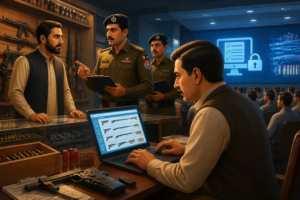 Animated editorial illustration for: Punjab CM Maryam Nawaz Warns Arms Dealers Over Digitization Deadline