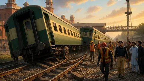 اس خبر کے لیے متحرک اداریاتی خاکہ: لاہور کے قریب راولپنڈی جانے والی ٹرین پٹڑی سے اتر گئی، دو بوگیاں متاثر