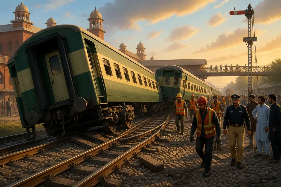 Animated editorial illustration for: Rawalpindi-bound train derails near Lahore; two coaches off track