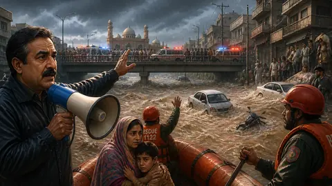 Animated editorial illustration for: Heavy rains submerge vehicles, disrupt life in Rawalpindi and Islamabad