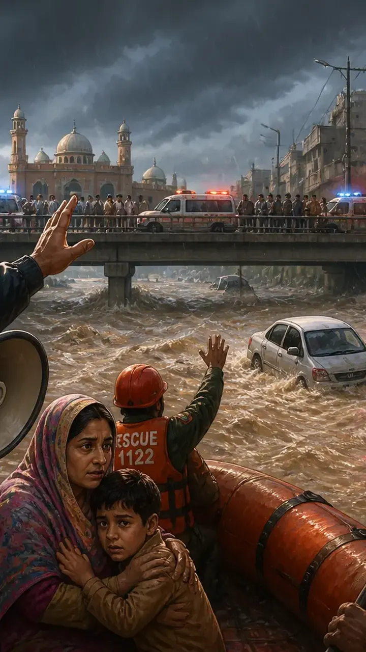 Animated editorial illustration for: Continuous rain causes severe flooding, damage in Rawalpindi and Islamabad