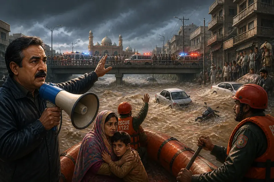Animated editorial illustration for: Heavy rains submerge vehicles, disrupt life in Rawalpindi and Islamabad