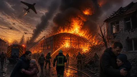 Animated editorial illustration for: Russian Drone Attack on Ukraine Arms Depot Kills 37, Injures 42
