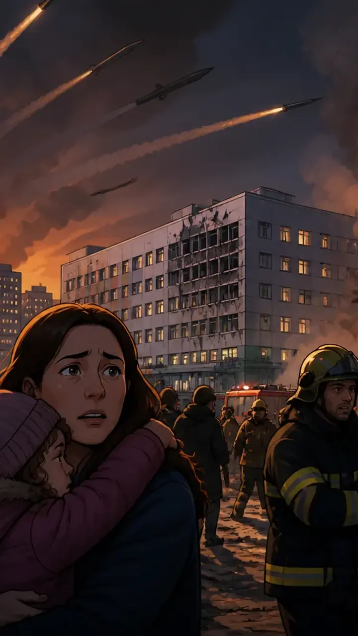 Animated editorial illustration for: Russian missile attack on Kyiv kills at least five, injures dozens