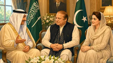 Animated editorial illustration for: Saudi Ambassador Bids Farewell to Nawaz Sharif and Maryam Nawaz
