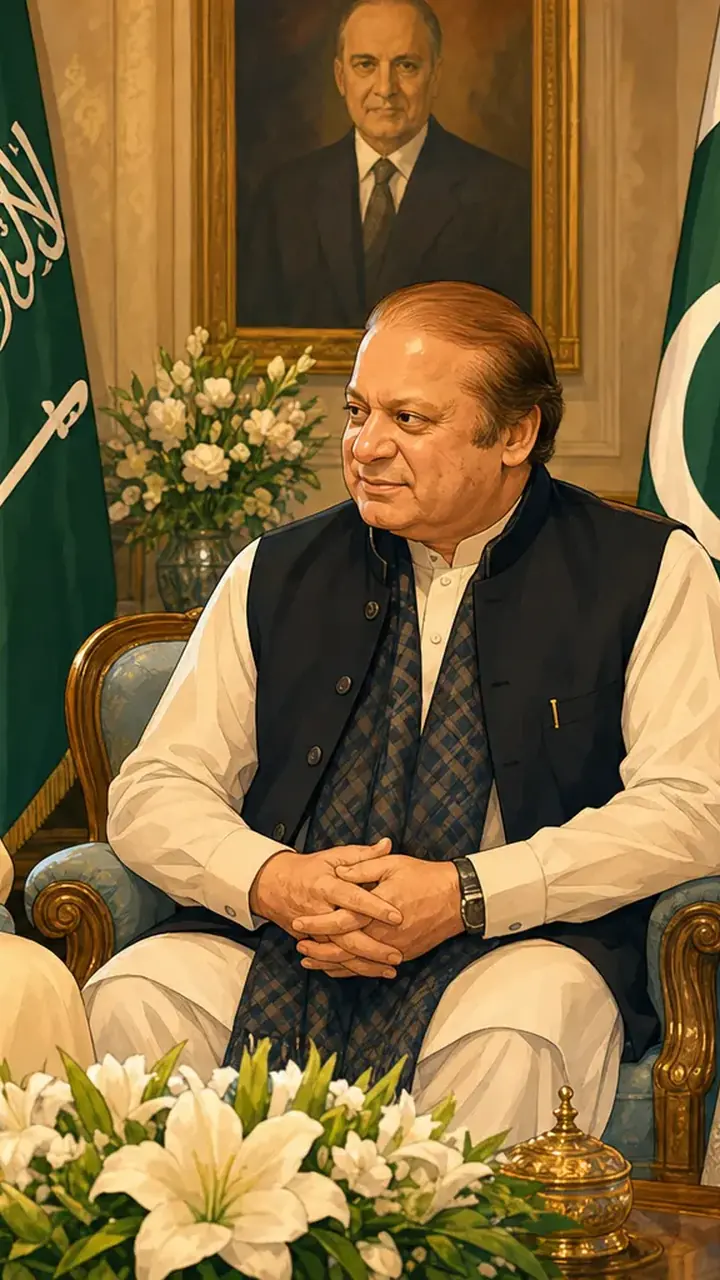 Animated editorial illustration for: Saudi Ambassador Bids Farewell to Nawaz Sharif and Maryam Nawaz
