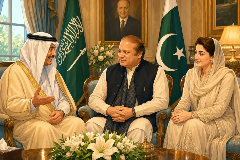 Animated editorial illustration for: Saudi Ambassador Bids Farewell to Nawaz Sharif and Maryam Nawaz