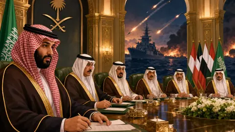 Animated editorial illustration for: Saudi Cabinet Condemns Iranian Attacks, Welcomes Maritime Defense Alliance