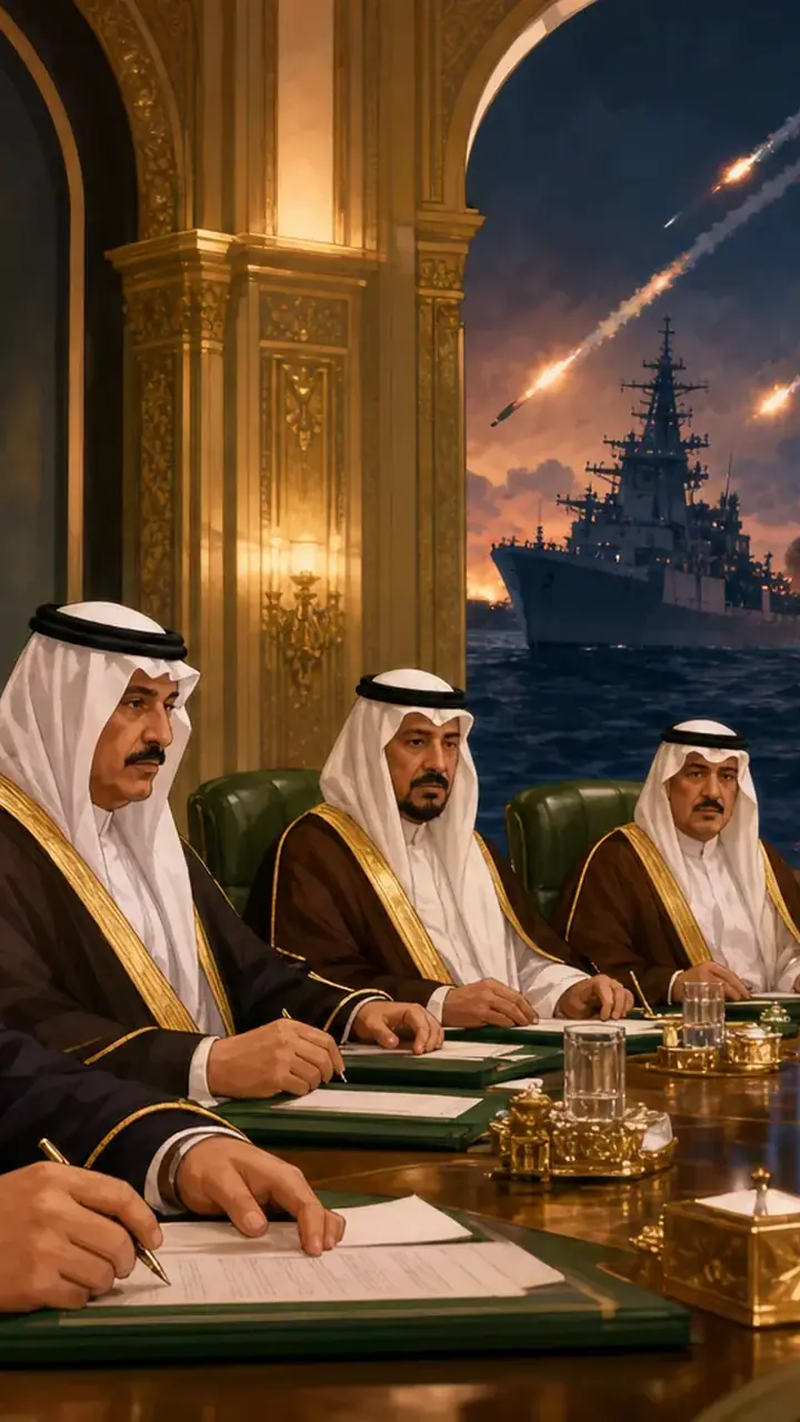 Animated editorial illustration for: Saudi Cabinet Condemns Iranian Attacks, Welcomes Maritime Defense Alliance