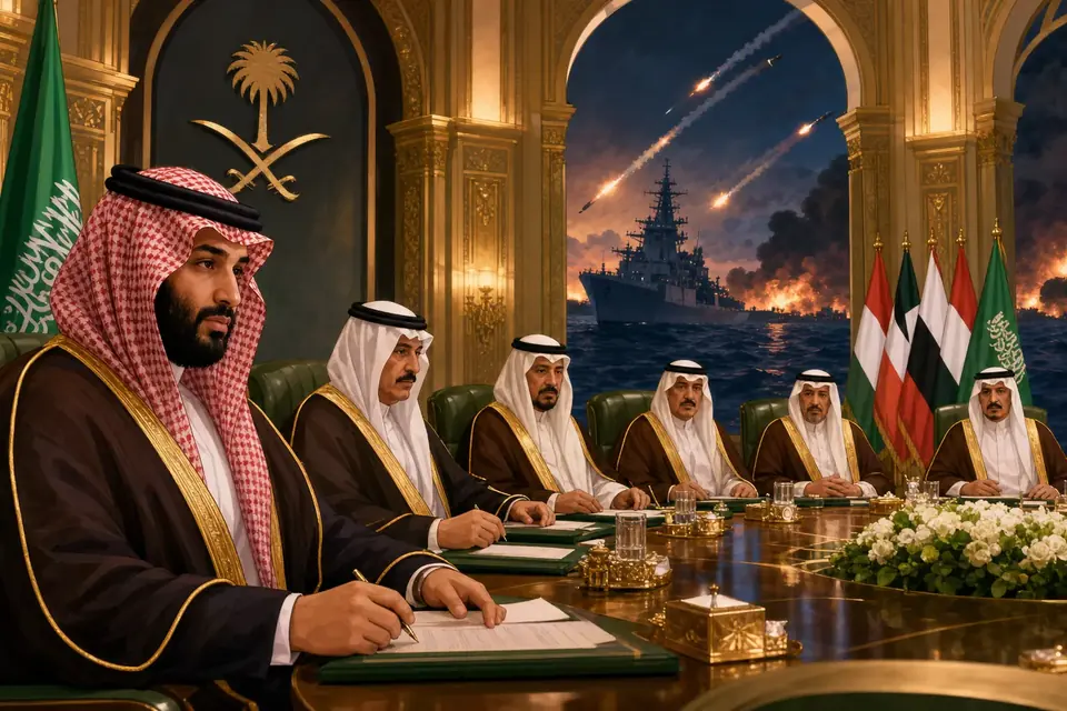 Animated editorial illustration for: Saudi Cabinet Condemns Iranian Attacks, Welcomes Maritime Defense Alliance