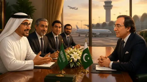 Animated editorial illustration for: Saudi Group Expresses Keen Interest in Pakistan’s Airport Privatization