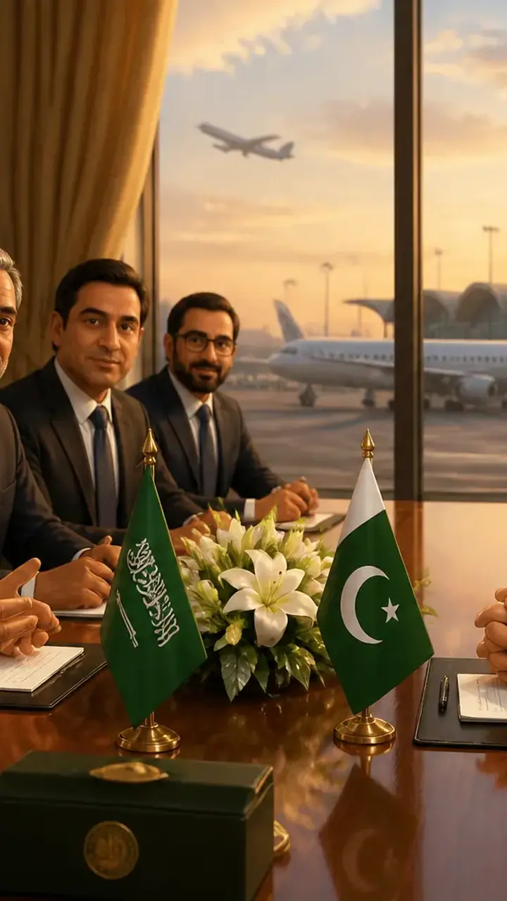 Animated editorial illustration for: Saudi Group Expresses Keen Interest in Pakistan’s Airport Privatization