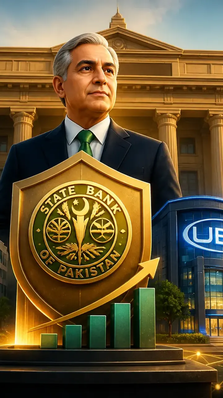 Animated editorial illustration for: SBP names HBL, UBL, NBP as systemically important banks for 2026
