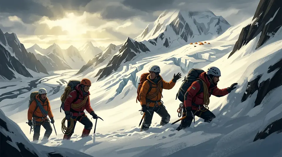 Animated editorial illustration for: Search for climber Asma Mushtaq’s body on Spantik Peak unsuccessful