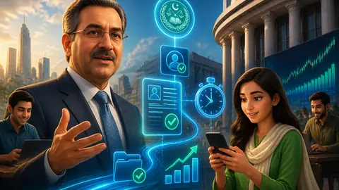 Animated editorial illustration for: SECP launches digital framework for faster stock market account opening