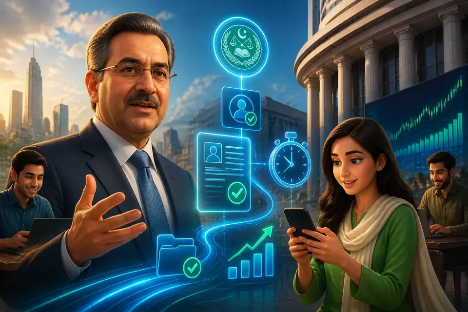 Animated editorial illustration for: SECP launches digital framework for faster stock market account opening