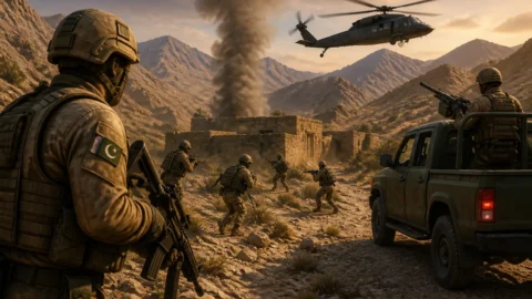 Animated editorial illustration: Security forces kill 10 terrorists in Khuzdar intelligence-based operation. Security forces killed 10 terrorists and injured several others in an intelligence-based operation in the Shor Pard area of Khuzdar district, Balochistan, on Saturday.