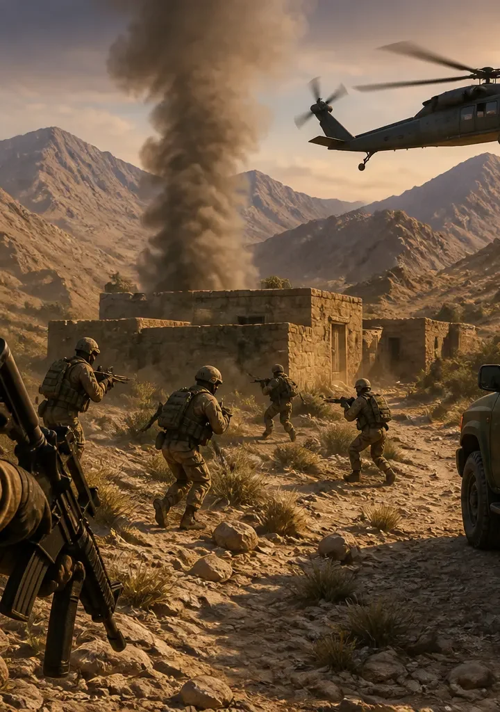Animated editorial illustration for: Security forces kill 10 terrorists in Khuzdar intelligence-based operation