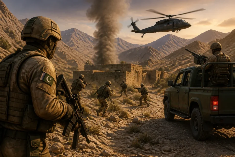 Animated editorial illustration: Security forces kill 10 terrorists in Khuzdar intelligence-based operation. Security forces killed 10 terrorists and injured several others in an intelligence-based operation in the Shor Pard area of Khuzdar district, Balochistan, on Saturday.