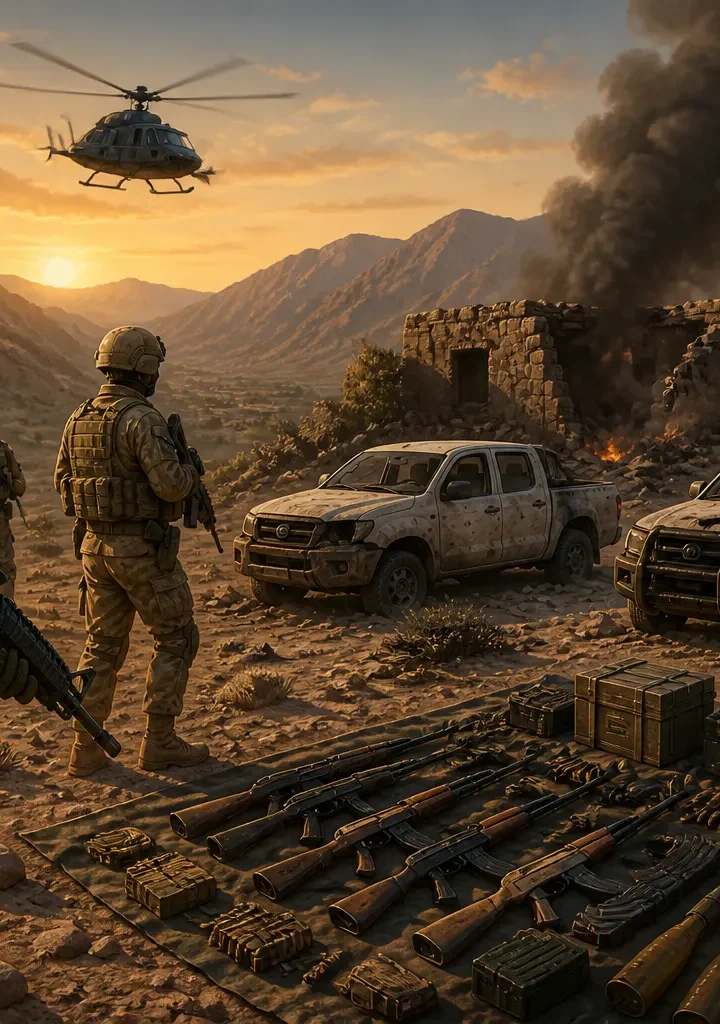 Animated editorial illustration for: President Zardari Commends Forces for Kharan Operation