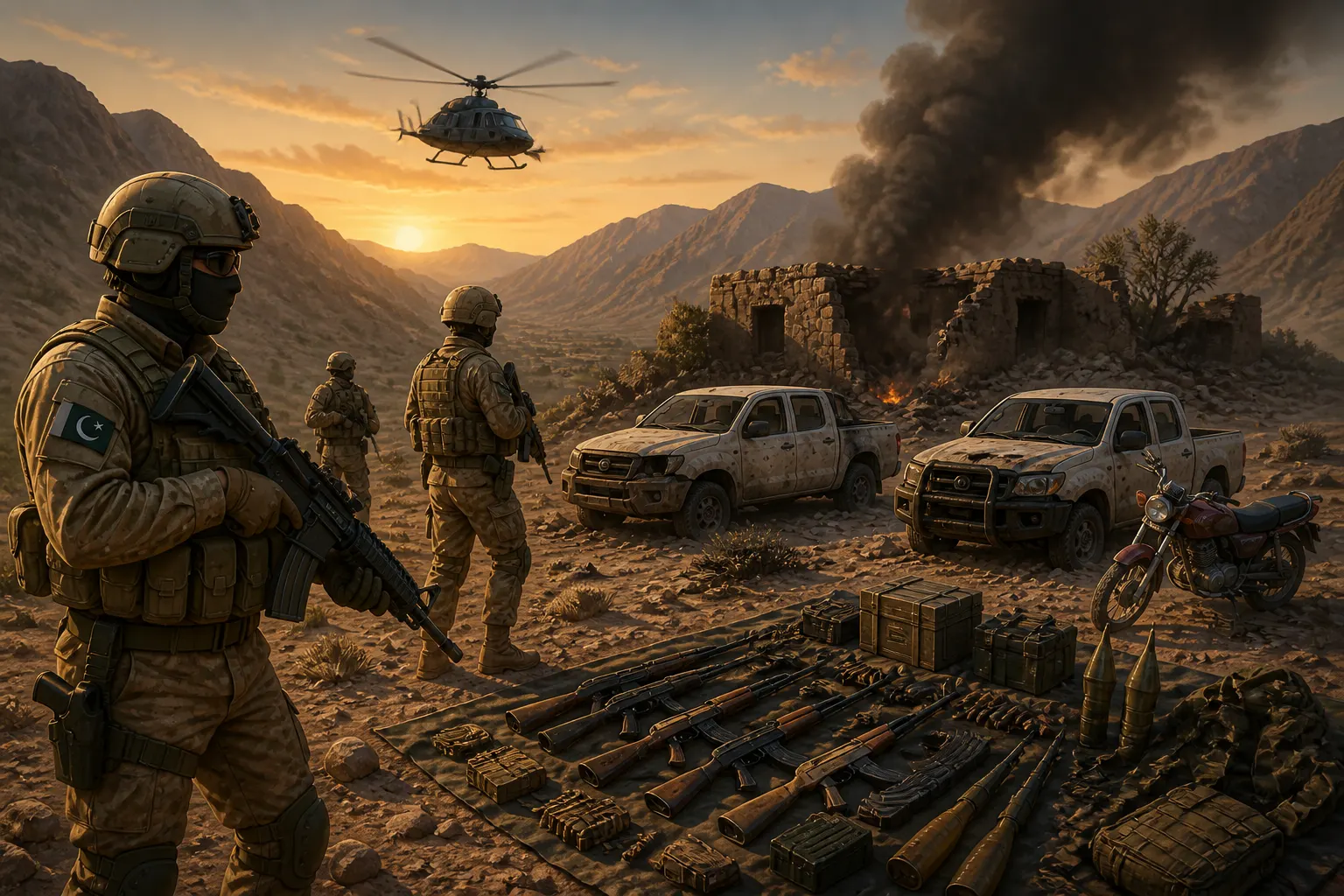 Animated editorial illustration: Security Forces Kill Seven Terrorists in Kharan Operation. Security forces killed seven terrorists and injured several others on Sunday during an intelligence-based operation (IBO) in the Lajay area of Balochistan's Kharan district.