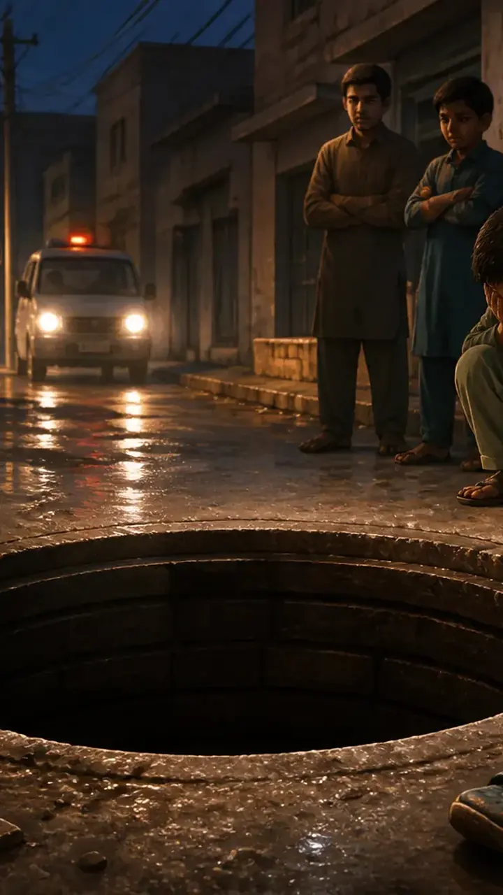 Animated editorial illustration for: Boy, 7, dies after falling into open manhole in Lahore