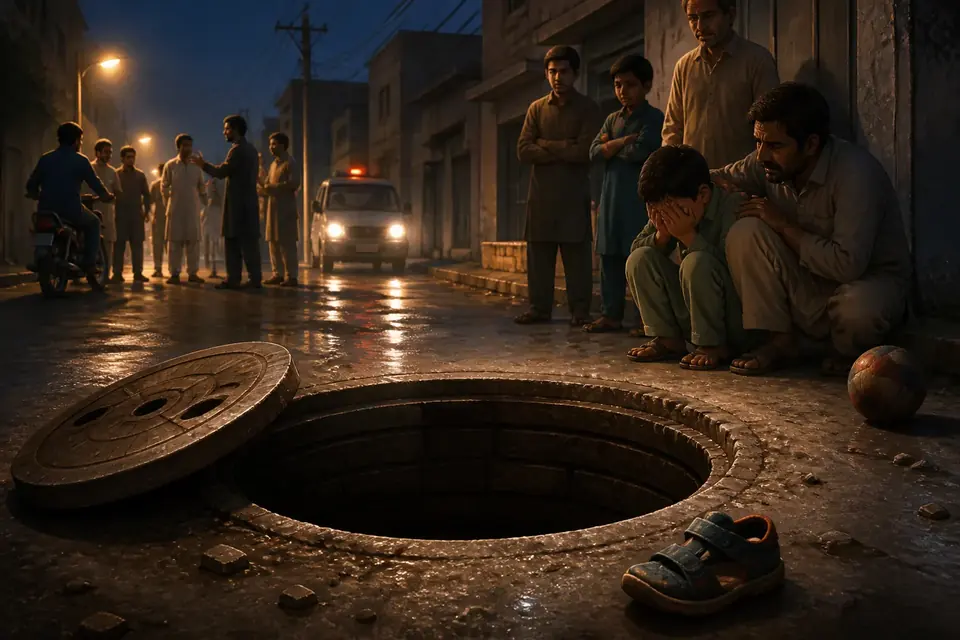 Animated editorial illustration for: Seven-Year-Old Boy Dies After Falling Into Open Manhole in Lahore