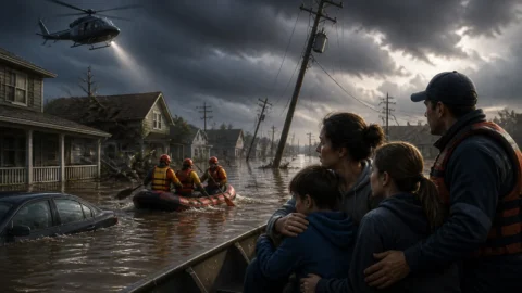 Animated editorial illustration: Severe Storms, Flooding in Indiana Kill Six; Emergency Declared. Severe storms and subsequent flooding have caused widespread destruction in the US state of Indiana, leading to the deaths of six people.