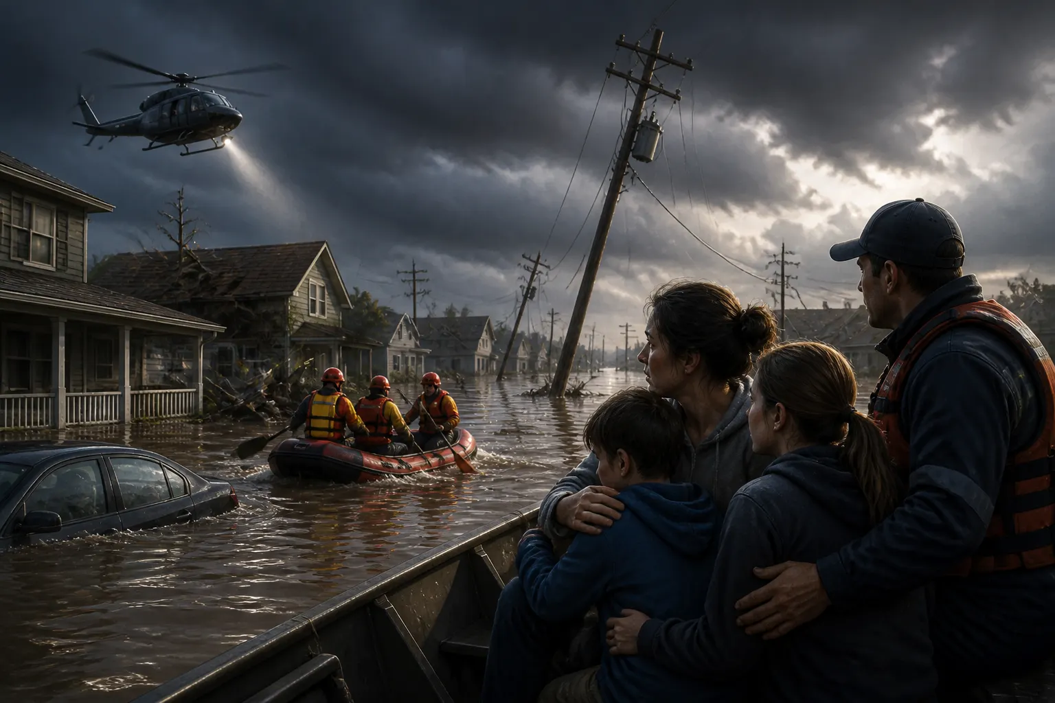 Animated editorial illustration: Severe Storms, Flooding in Indiana Kill Six; Emergency Declared. Severe storms and subsequent flooding have caused widespread destruction in the US state of Indiana, leading to the deaths of six people.