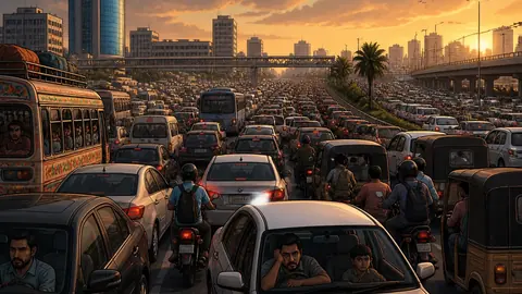 Animated editorial illustration for: Severe Traffic Jams Paralyze Karachi, Report of Patient Stuck Emerges