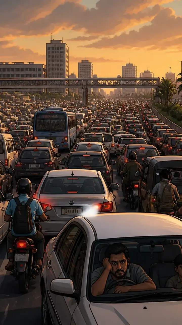 Animated editorial illustration for: Severe Traffic Jams Paralyze Karachi, Report of Patient Stuck Emerges