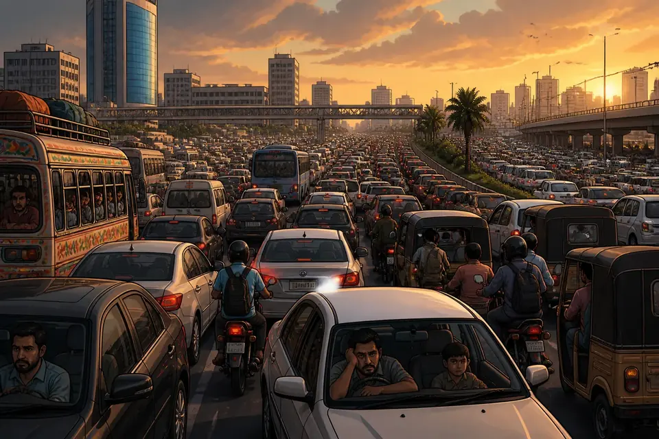 Animated editorial illustration for: Severe Traffic Jams Paralyze Karachi, Report of Patient Stuck Emerges