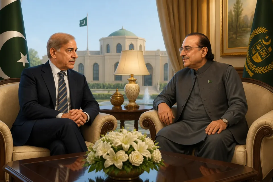 Animated editorial illustration for: Shehbaz, Zardari Meet at Aiwan-e-Sadr to Ease Political Tensions