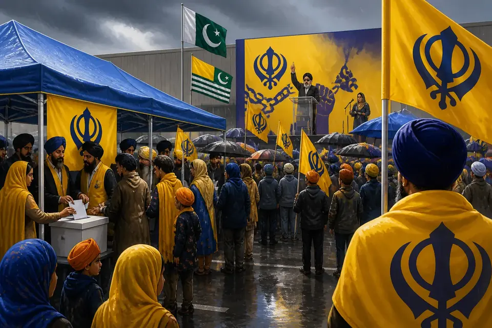 Animated editorial illustration for: Sikhs for Justice holds Khalistan referendum vote in Indianapolis