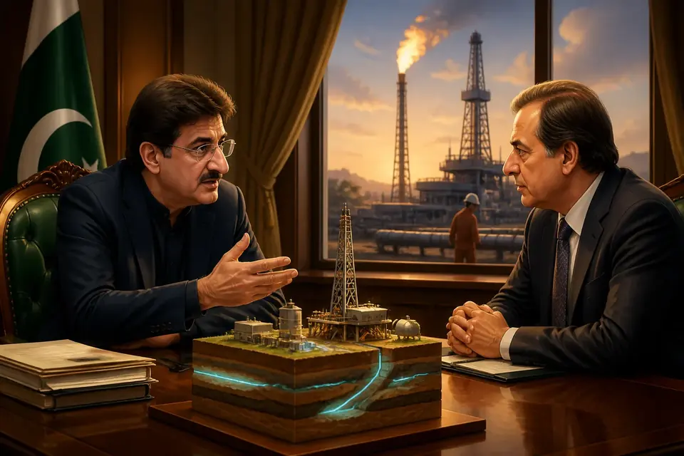 Animated editorial illustration for: Sindh CM demands Haidan gas block allotment in meeting with Petroleum Minister
