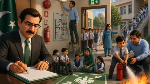 Animated editorial illustration for: Sindh mandates strict fire safety measures for private schools